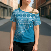 Fiji Marau na Kerisimasi Cross Shoulder Shirt Aqua Tagimoucia Tapa Masi Tribal LT9 - Polynesian Pride