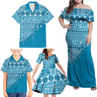Fiji Marau na Kerisimasi Family Matching Off Shoulder Maxi Dress and Hawaiian Shirt Aqua Tagimoucia Tapa Masi Tribal LT9 - Polynesian Pride