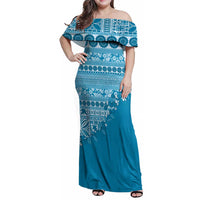 Fiji Marau na Kerisimasi Family Matching Off Shoulder Maxi Dress and Hawaiian Shirt Aqua Tagimoucia Tapa Masi Tribal LT9 Mom's Dress Aqua - Polynesian Pride