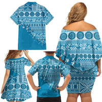 Fiji Marau na Kerisimasi Family Matching Off Shoulder Short Dress and Hawaiian Shirt Aqua Tagimoucia Tapa Masi Tribal LT9 - Polynesian Pride
