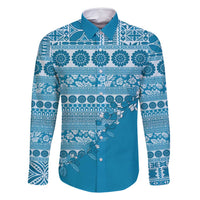Fiji Marau na Kerisimasi Family Matching Off Shoulder Short Dress and Hawaiian Shirt Aqua Tagimoucia Tapa Masi Tribal LT9 Dad's Shirt - Long Sleeve Aqua - Polynesian Pride