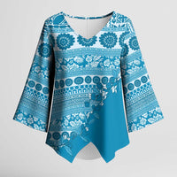 Fiji Marau na Kerisimasi Kimono Sleeve Blouse Aqua Tagimoucia Tapa Masi Tribal - Polynesian Pride