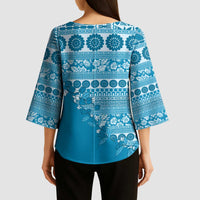 Fiji Marau na Kerisimasi Kimono Sleeve Blouse Aqua Tagimoucia Tapa Masi Tribal - Polynesian Pride