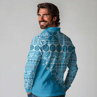 Fiji Marau na Kerisimasi Long Sleeve Polo Shirt Aqua Tagimoucia Tapa Masi Tribal - Polynesian Pride