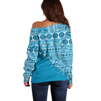 Fiji Marau na Kerisimasi Off Shoulder Sweater Aqua Tagimoucia Tapa Masi Tribal - Polynesian Pride