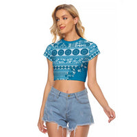Fiji Marau na Kerisimasi Raglan Cropped T Shirt Aqua Tagimoucia Tapa Masi Tribal LT9 Female Aqua - Polynesian Pride