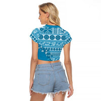 Fiji Marau na Kerisimasi Raglan Cropped T Shirt Aqua Tagimoucia Tapa Masi Tribal LT9 - Polynesian Pride