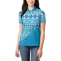 Fiji Marau na Kerisimasi Women Polo Shirt Aqua Tagimoucia Tapa Masi Tribal - Polynesian Pride