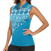 Fiji Marau na Kerisimasi Women Sleeveless Polo Shirt Aqua Tagimoucia Tapa Masi Tribal - Polynesian Pride