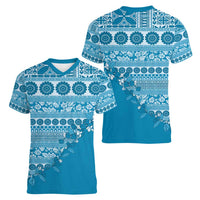 Fiji Marau na Kerisimasi Women V-Neck T-Shirt Aqua Tagimoucia Tapa Masi Tribal LT9 - Polynesian Pride