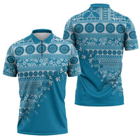 Fiji Marau na Kerisimasi Zipper Polo Shirt Aqua Tagimoucia Tapa Masi Tribal - Polynesian Pride