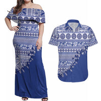Fiji Marau na Kerisimasi Couples Matching Off Shoulder Maxi Dress and Hawaiian Shirt Blue Tagimoucia Tapa Masi Tribal LT9 Blue - Polynesian Pride