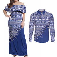 Fiji Marau na Kerisimasi Couples Matching Off Shoulder Maxi Dress and Long Sleeve Button Shirt Blue Tagimoucia Tapa Masi Tribal - Polynesian Pride