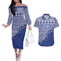 Fiji Marau na Kerisimasi Couples Matching Off The Shoulder Long Sleeve Dress and Hawaiian Shirt Blue Tagimoucia Tapa Masi Tribal LT9 Blue - Polynesian Pride