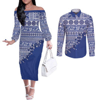 Fiji Marau na Kerisimasi Couples Matching Off The Shoulder Long Sleeve Dress and Long Sleeve Button Shirt Blue Tagimoucia Tapa Masi Tribal - Polynesian Pride
