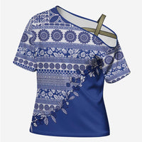Fiji Marau na Kerisimasi Cross Shoulder Shirt Blue Tagimoucia Tapa Masi Tribal LT9 Female Blue - Polynesian Pride