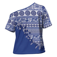 Fiji Marau na Kerisimasi Cross Shoulder Shirt Blue Tagimoucia Tapa Masi Tribal LT9 - Polynesian Pride