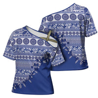 Fiji Marau na Kerisimasi Cross Shoulder Shirt Blue Tagimoucia Tapa Masi Tribal LT9 - Polynesian Pride