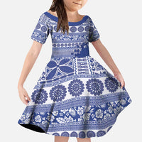 Fiji Marau na Kerisimasi Family Matching Long Sleeve Bodycon Dress and Hawaiian Shirt Blue Tagimoucia Tapa Masi Tribal LT9 Daughter's Dress Blue - Polynesian Pride