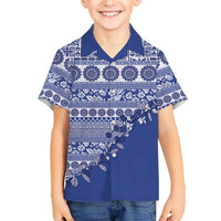 Fiji Marau na Kerisimasi Family Matching Off Shoulder Maxi Dress and Hawaiian Shirt Blue Tagimoucia Tapa Masi Tribal LT9 Son's Shirt Blue - Polynesian Pride