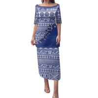 Fiji Marau na Kerisimasi Family Matching Puletasi and Hawaiian Shirt Blue Tagimoucia Tapa Masi Tribal LT9 Mom's Dress Blue - Polynesian Pride