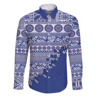 Fiji Marau na Kerisimasi Family Matching Summer Maxi Dress and Hawaiian Shirt Blue Tagimoucia Tapa Masi Tribal LT9 Dad's Shirt - Long Sleeve Blue - Polynesian Pride