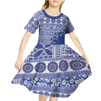 Fiji Marau na Kerisimasi Kid Short Sleeve Dress Blue Tagimoucia Tapa Masi Tribal LT9 - Polynesian Pride