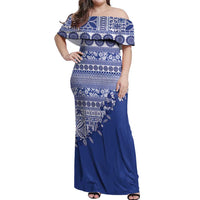 Fiji Marau na Kerisimasi Off Shoulder Maxi Dress Blue Tagimoucia Tapa Masi Tribal - Polynesian Pride