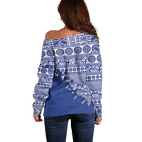 Fiji Marau na Kerisimasi Off Shoulder Sweater Blue Tagimoucia Tapa Masi Tribal - Polynesian Pride