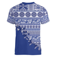 Fiji Marau na Kerisimasi Women V-Neck T-Shirt Blue Tagimoucia Tapa Masi Tribal LT9 - Polynesian Pride