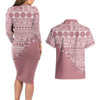Fiji Marau na Kerisimasi Couples Matching Long Sleeve Bodycon Dress and Hawaiian Shirt Dusty Rose Tagimoucia Tapa Masi Tribal LT9 - Polynesian Pride