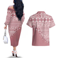 Fiji Marau na Kerisimasi Couples Matching Off The Shoulder Long Sleeve Dress and Hawaiian Shirt Dusty Rose Tagimoucia Tapa Masi Tribal - Polynesian Pride