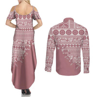 Fiji Marau na Kerisimasi Couples Matching Summer Maxi Dress and Long Sleeve Button Shirt Dusty Rose Tagimoucia Tapa Masi Tribal - Polynesian Pride