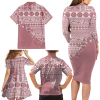 Fiji Marau na Kerisimasi Family Matching Long Sleeve Bodycon Dress and Hawaiian Shirt Dusty Rose Tagimoucia Tapa Masi Tribal - Polynesian Pride