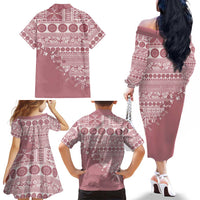 Fiji Marau na Kerisimasi Family Matching Off The Shoulder Long Sleeve Dress and Hawaiian Shirt Dusty Rose Tagimoucia Tapa Masi Tribal LT9 - Polynesian Pride