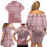 Fiji Marau na Kerisimasi Family Matching Off Shoulder Short Dress and Hawaiian Shirt Dusty Rose Tagimoucia Tapa Masi Tribal - Polynesian Pride