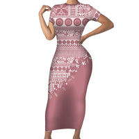 Fiji Marau na Kerisimasi Family Matching Short Sleeve Bodycon Dress and Hawaiian Shirt Dusty Rose Tagimoucia Tapa Masi Tribal LT9 Mom's Dress Pink - Polynesian Pride