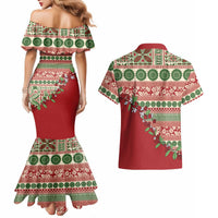 Fiji Marau na Kerisimasi Couples Matching Mermaid Dress and Hawaiian Shirt Red Tagimoucia Tapa Masi Tribal LT9 - Polynesian Pride