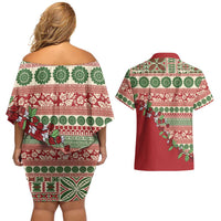 Fiji Marau na Kerisimasi Couples Matching Off Shoulder Short Dress and Hawaiian Shirt Red Tagimoucia Tapa Masi Tribal LT9 - Polynesian Pride