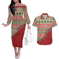 Fiji Marau na Kerisimasi Couples Matching Off The Shoulder Long Sleeve Dress and Hawaiian Shirt Red Tagimoucia Tapa Masi Tribal LT9 Red - Polynesian Pride