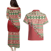 Fiji Marau na Kerisimasi Couples Matching Puletasi and Hawaiian Shirt Red Tagimoucia Tapa Masi Tribal - Polynesian Pride