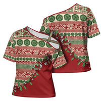Fiji Marau na Kerisimasi Cross Shoulder Shirt Red Tagimoucia Tapa Masi Tribal LT9 - Polynesian Pride