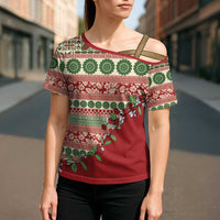 Fiji Marau na Kerisimasi Cross Shoulder Shirt Red Tagimoucia Tapa Masi Tribal LT9 - Polynesian Pride