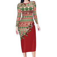 Fiji Marau na Kerisimasi Family Matching Long Sleeve Bodycon Dress and Hawaiian Shirt Red Tagimoucia Tapa Masi Tribal LT9 Mom's Dress Red - Polynesian Pride