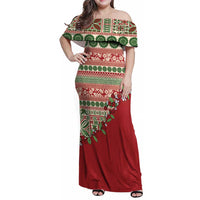 Fiji Marau na Kerisimasi Family Matching Off Shoulder Maxi Dress and Hawaiian Shirt Red Tagimoucia Tapa Masi Tribal LT9 Mom's Dress Red - Polynesian Pride