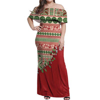 Fiji Marau na Kerisimasi Off Shoulder Maxi Dress Red Tagimoucia Tapa Masi Tribal - Polynesian Pride