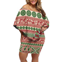 Fiji Marau na Kerisimasi Off Shoulder Short Dress Red Tagimoucia Tapa Masi Tribal - Polynesian Pride
