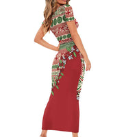 Fiji Marau na Kerisimasi Short Sleeve Bodycon Dress Red Tagimoucia Tapa Masi Tribal - Polynesian Pride