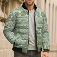 Fiji Marau na Kerisimasi Bomber Puffer Jacket Sage Green Tagimoucia Tapa Masi Tribal - Polynesian Pride