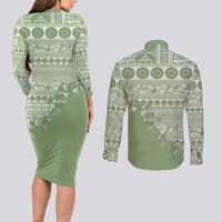 Fiji Marau na Kerisimasi Couples Matching Long Sleeve Bodycon Dress and Long Sleeve Button Shirt Sage Green Tagimoucia Tapa Masi Tribal - Polynesian Pride